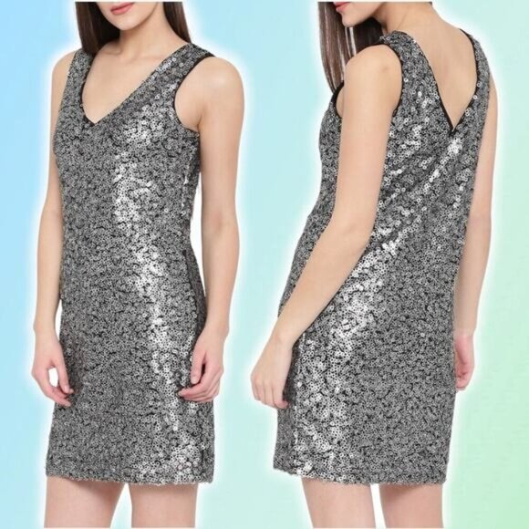 LILY ALLEN Vero Moda Silver Sequin Shift Dress Sz Large - Picture 1 of 9